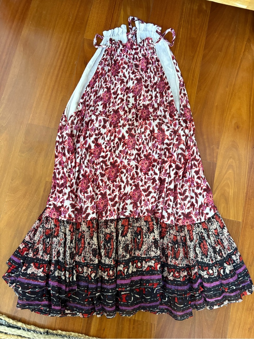 Free People Rose and Black Floral Tiered Maxi Skirt
